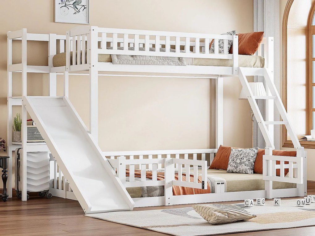 Łóżko piętrowe 90x200cm i 140x200cm z drewna - ze zjeżdżalnią + barierki - białe