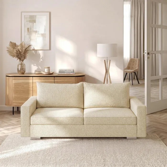 Sofa z Funkcją Spania DRAVOS Kremowa Boucle Japandi