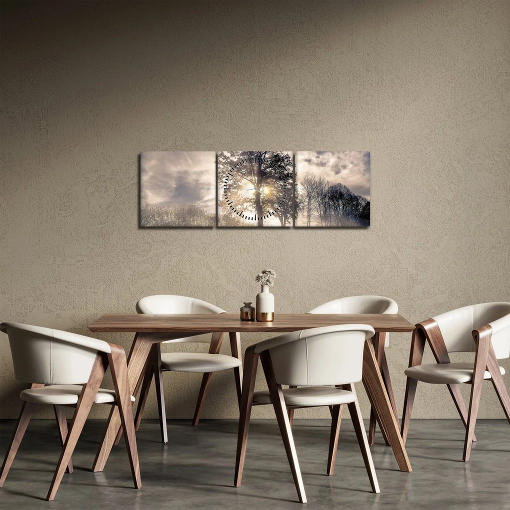 Obraz drzewa we mgle (z zegarem) (90x30 cm)