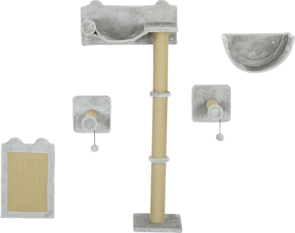 PawHut 5-częściowy zestaw ścienny do wspinaczki dla kotów domowych z drapakami, matą do drapania, łóżkiem dla kota, piłkami do zabawy, Jasnoszary