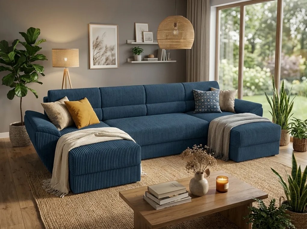 Rozkładana sofa narożna w kształcie U TAVERO 321x140 cm, ciemnoniebieska