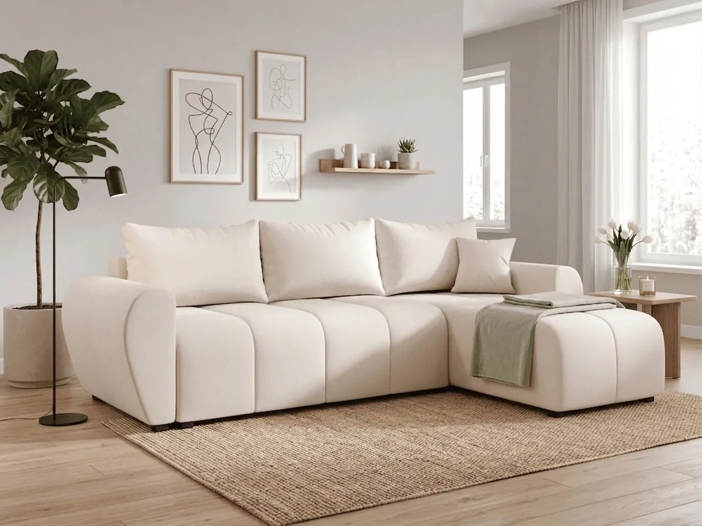 Rozkładana dwustronna sofa narożna do L SEVIO 246x145 cm, kremowa + 2 poduszki ZA DARMO