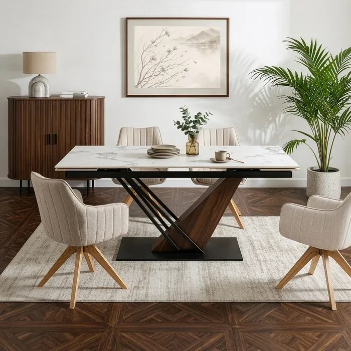 Stół Rozkładany Prostokątny REX 2 180-240 cm Ceramiczny Biały Marmur/Orzech do Jadalni Nowoczesny Loft