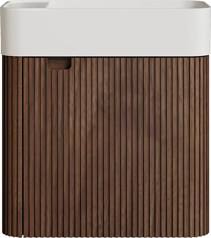 Wisząca szafka pod umywalkę z prążkowanego drewna jesionowego z umywalką z matowej białej żywicy - Ciemny naturalny - 45 x 25 x 48 cm - JONSA