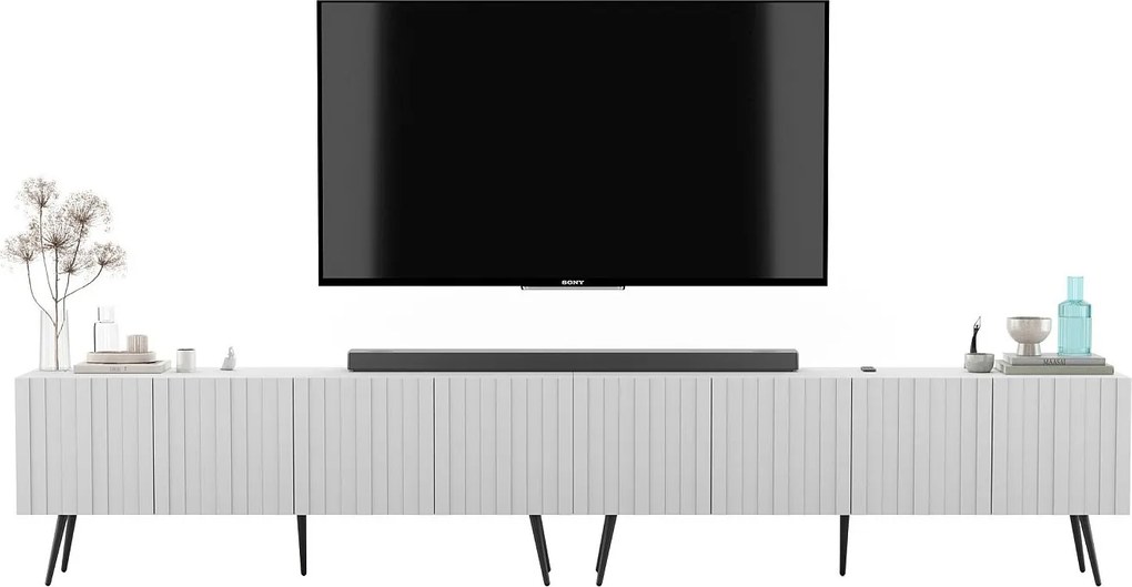 Szafka RTV z 8 drzwiami - Korpus biały mat, fronty ryflowane biały mat - 300 cm, czarne nóżki