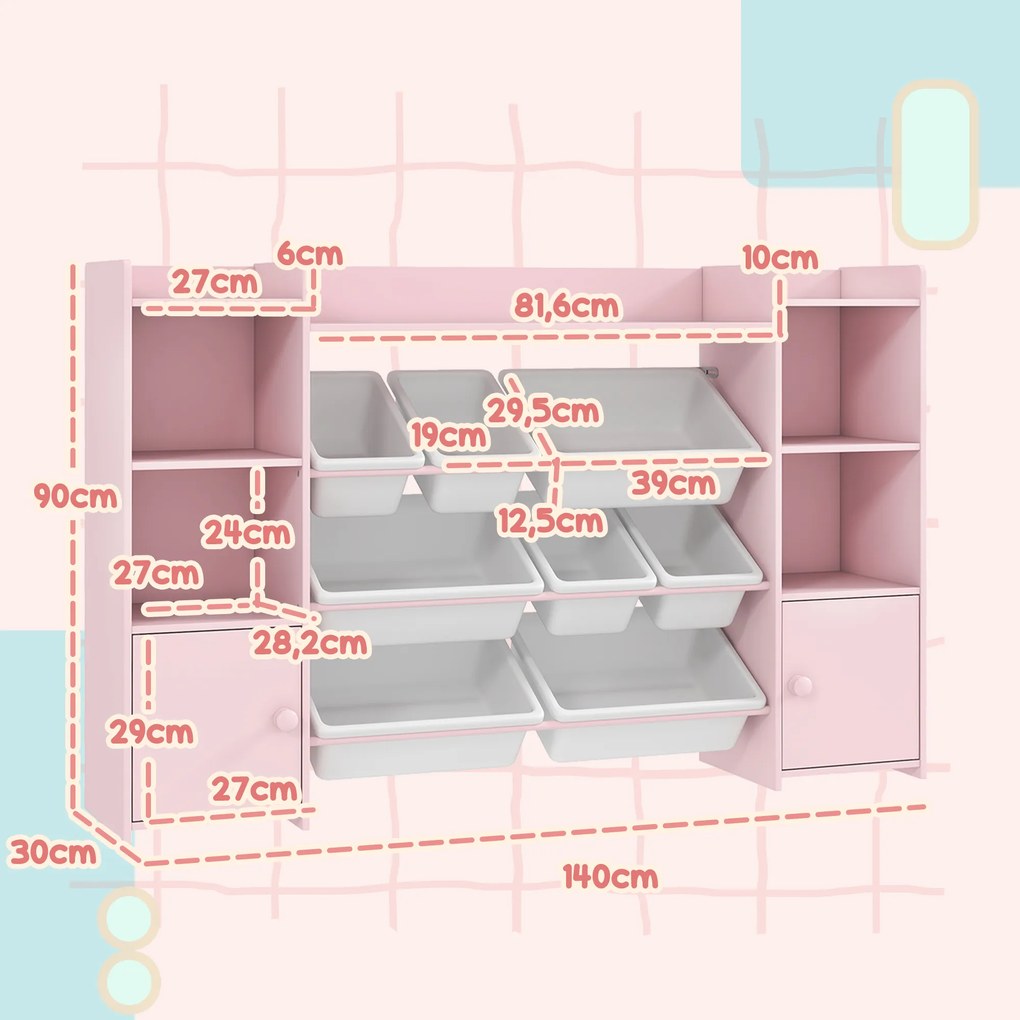 AIYAPLAY Regał do przechowywania dla dzieci, regał na zabawki i książki, do przejrzystego sprzątania, 8 wyjmowanych pojemników, Różowy