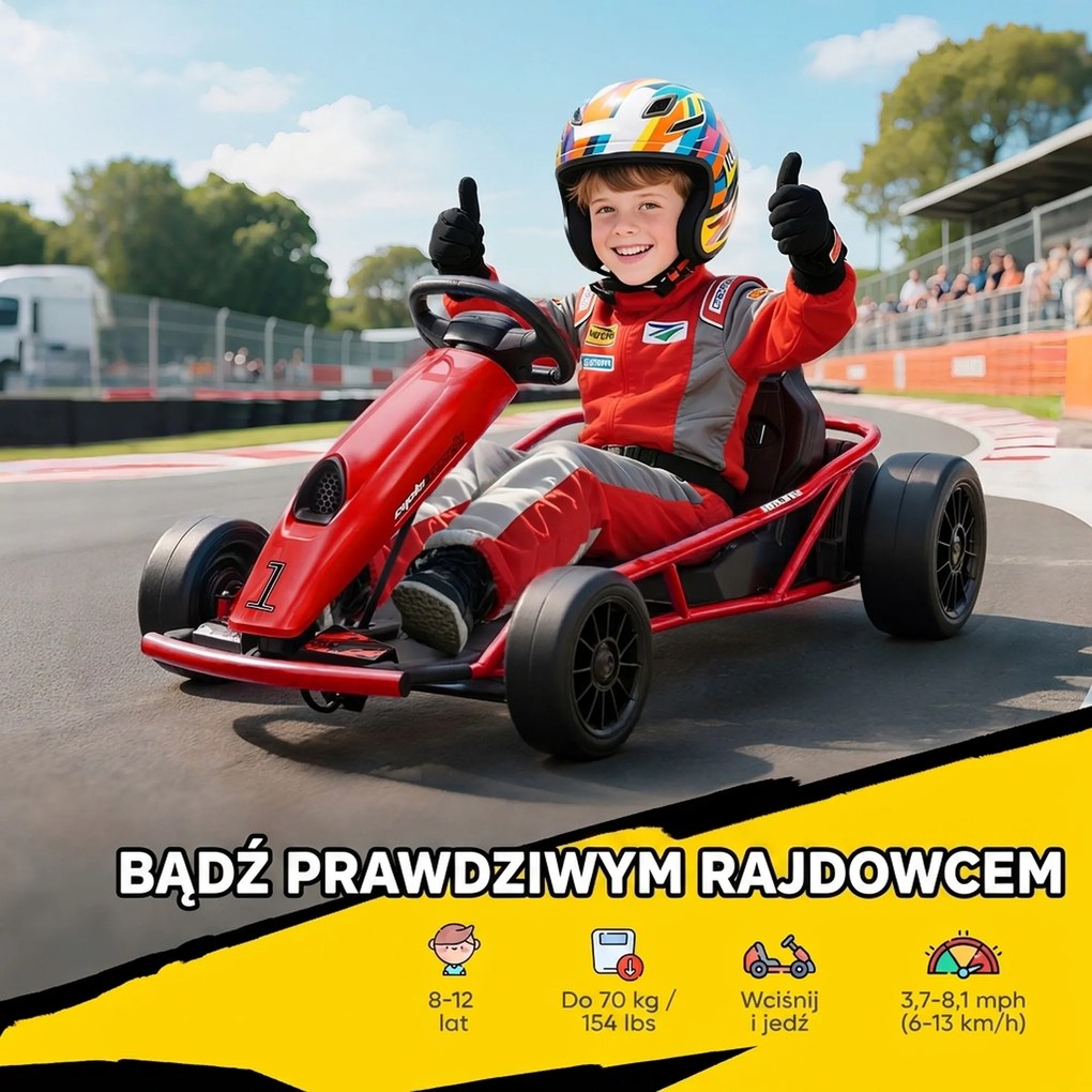 HOMCOM 24 V elektryczny gokart dla dzieci do 13 km/h z funkcją driftu, 2 silniki, dla 8–12 lat, czerwony | Aosom PL