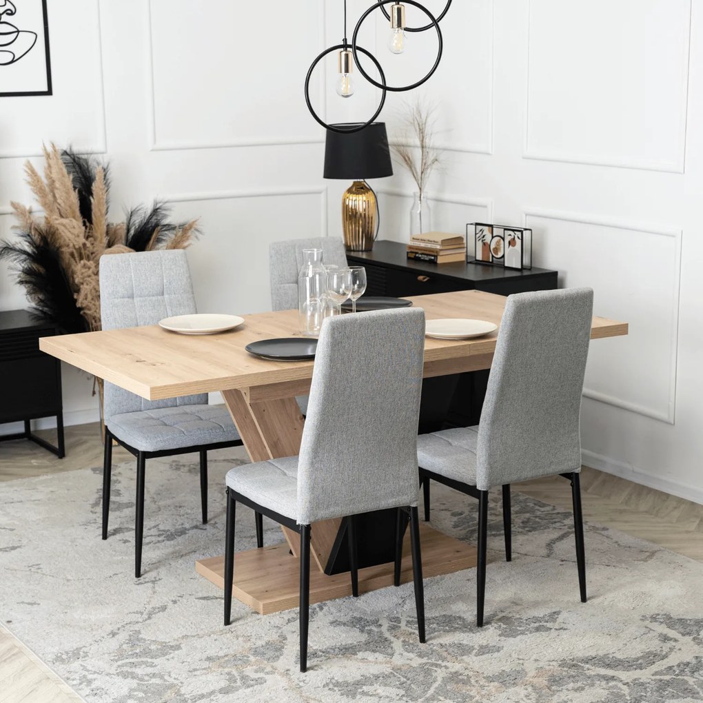 Zestaw Stół Prostokątny Rozkładany CLARK 120-160 cm Dąb Artisan/Czarny i 4 Krzesła Tapicerowane TEX Szare