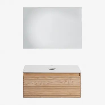 Zestaw Wiszących Mebli Łazienkowych 80x50 Cm Z Drewna Jesionowego Tedrik Popielaty Brąz & Without Sink & Prostokątna - Sklum