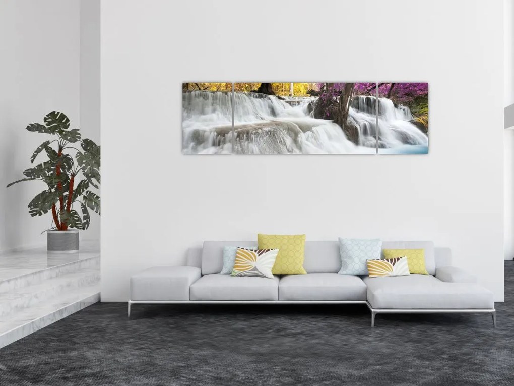 Obraz wodospadu Erawan w lesie (170x50 cm)