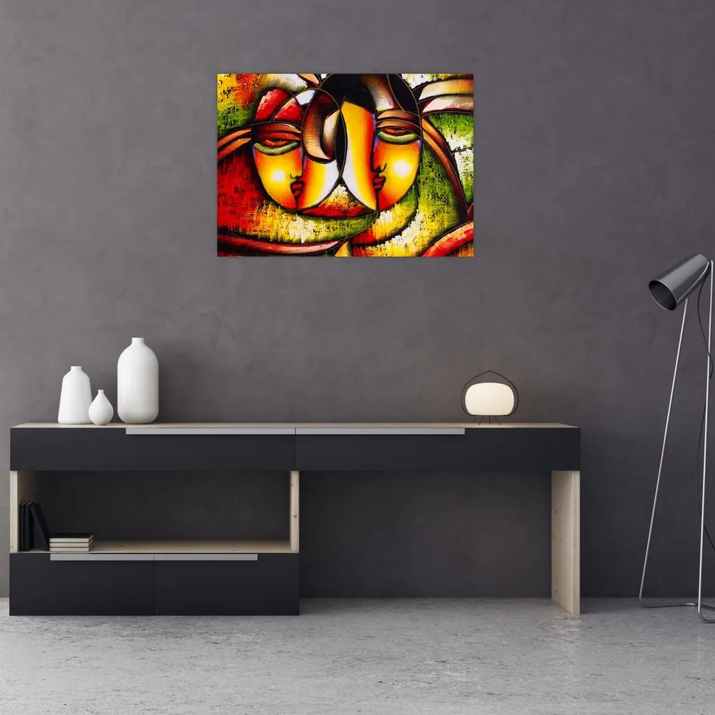 Obraz na szkle - Obraz na szkle olejny, abstrakcyjne twarze (70x50 cm)