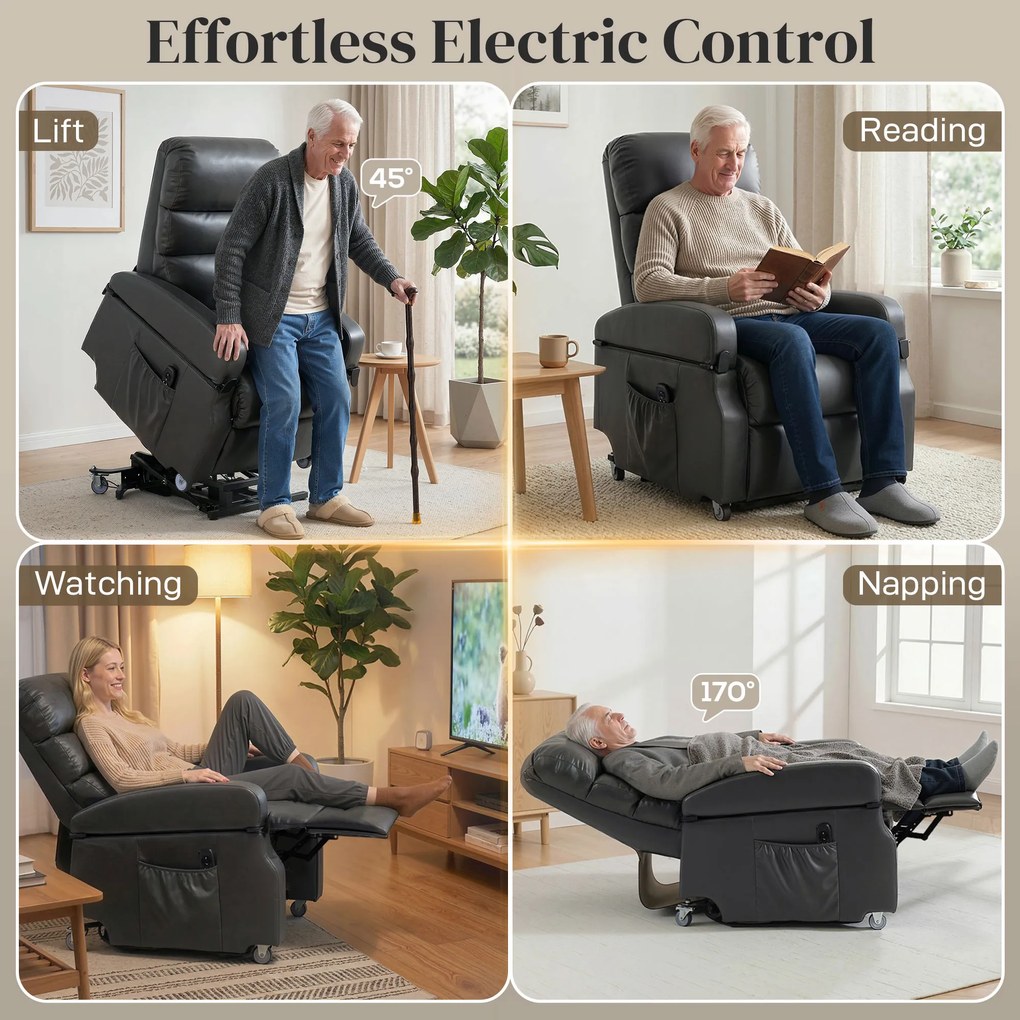 HOMCOM Fotel telewizyjny z funkcją wspomagania wstawania, elektryczny fotel relaksacyjny z pilotem, podnóżkiem, funkcją leżenia, ciemnoszary | Aosom PL