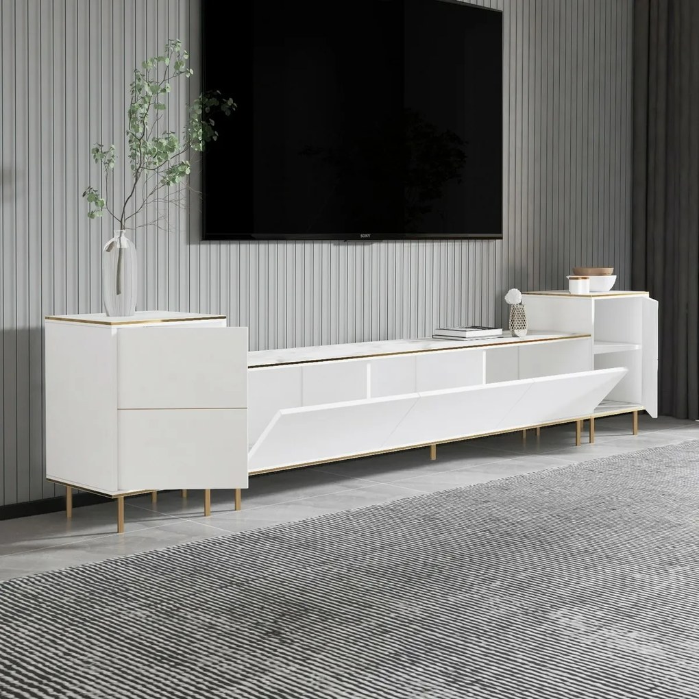 Stolik pod telewizor z szafkami Imej White Marble and Gold