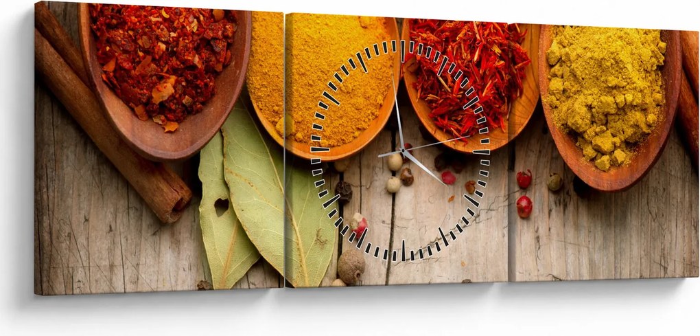 Obraz - Przyprawy na drewnie (z zegarem) (90x30 cm)
