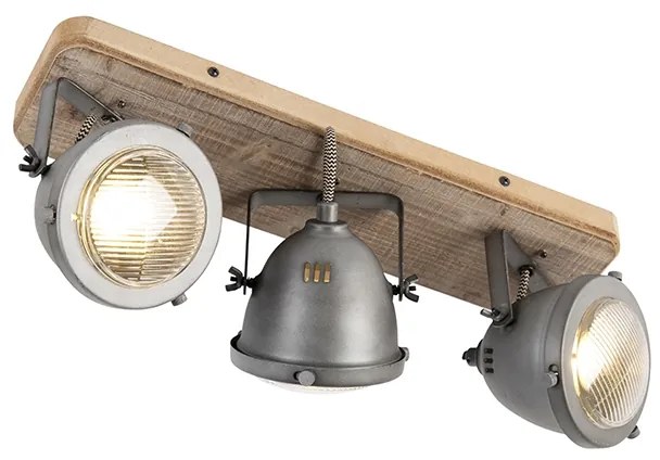 Industrialny reflektor stalowy z drewnianą, regulowaną podstawą, 3-światłowy - Emado