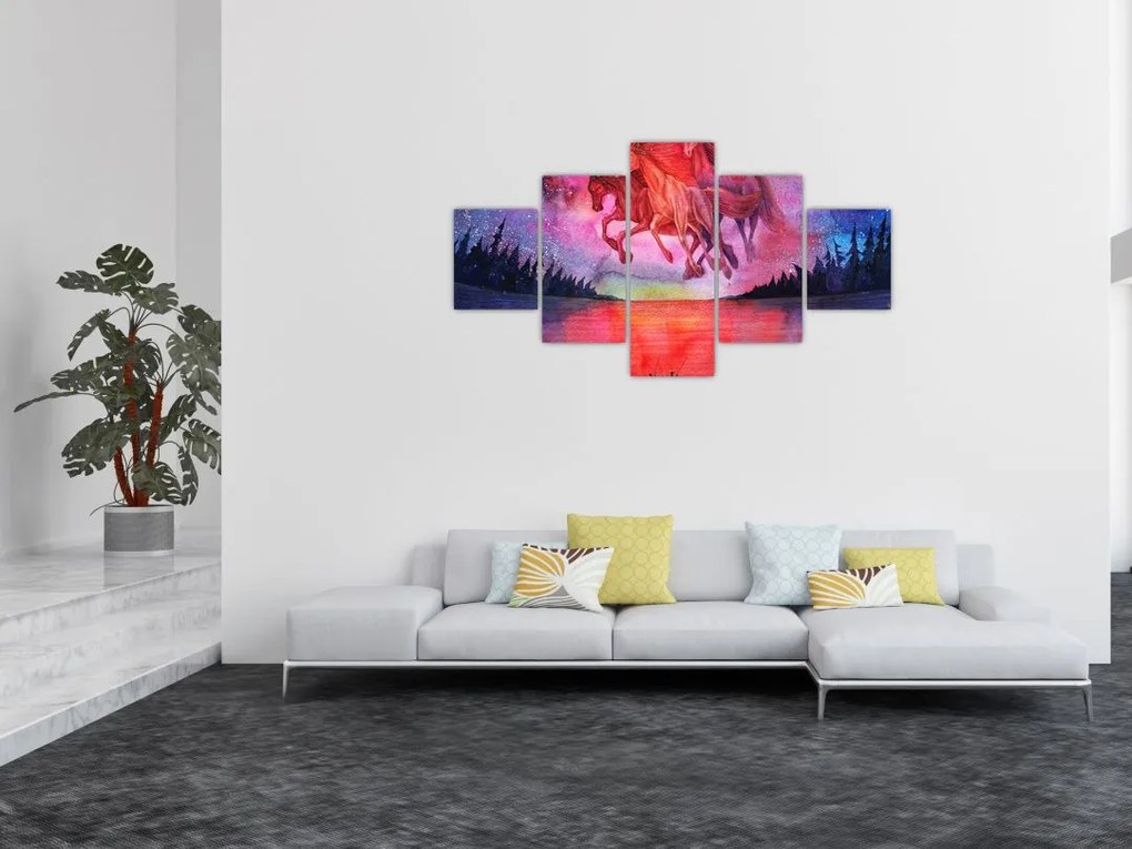 Obraz - Pojawienie się kosmicznych koni nad jeziorem, akwarela (125x70 cm)