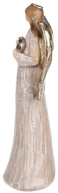 Dekoracja Anioł ze złotymi skrzydłami i sercem, poliresin, brązowy