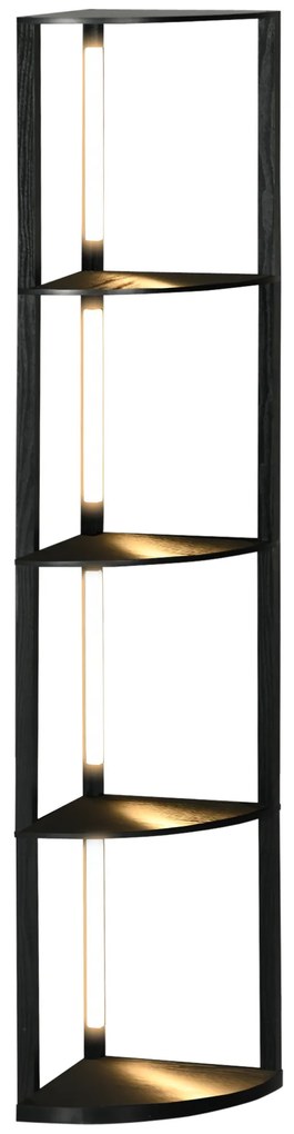 HOMCOM LED Lampa podłogowa, Regał Narożny, regulowana, 4 półki, ciepłe białe światło, 41x30x164cm, Czarna