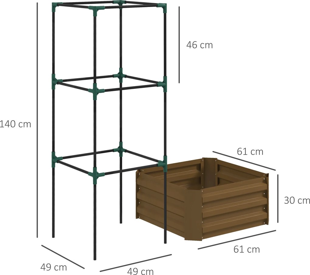 Outsunny Podwyższona grządka z kratką, skrzynka na rośliny z kratką, otwarte dno, odporna na warunki atmosferyczne, 61 cm x 61 cm x 140 cm, brązowa | Aosom PL
