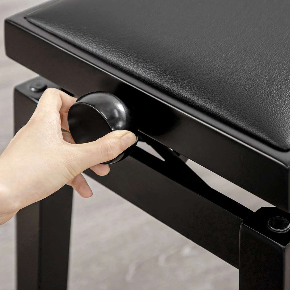 HOMCOM Ławka do pianina, stołek fortepianowy, regulacja wysokości, ekoskóra, drewno, czarna, 63x33x56cm | Aosom PL