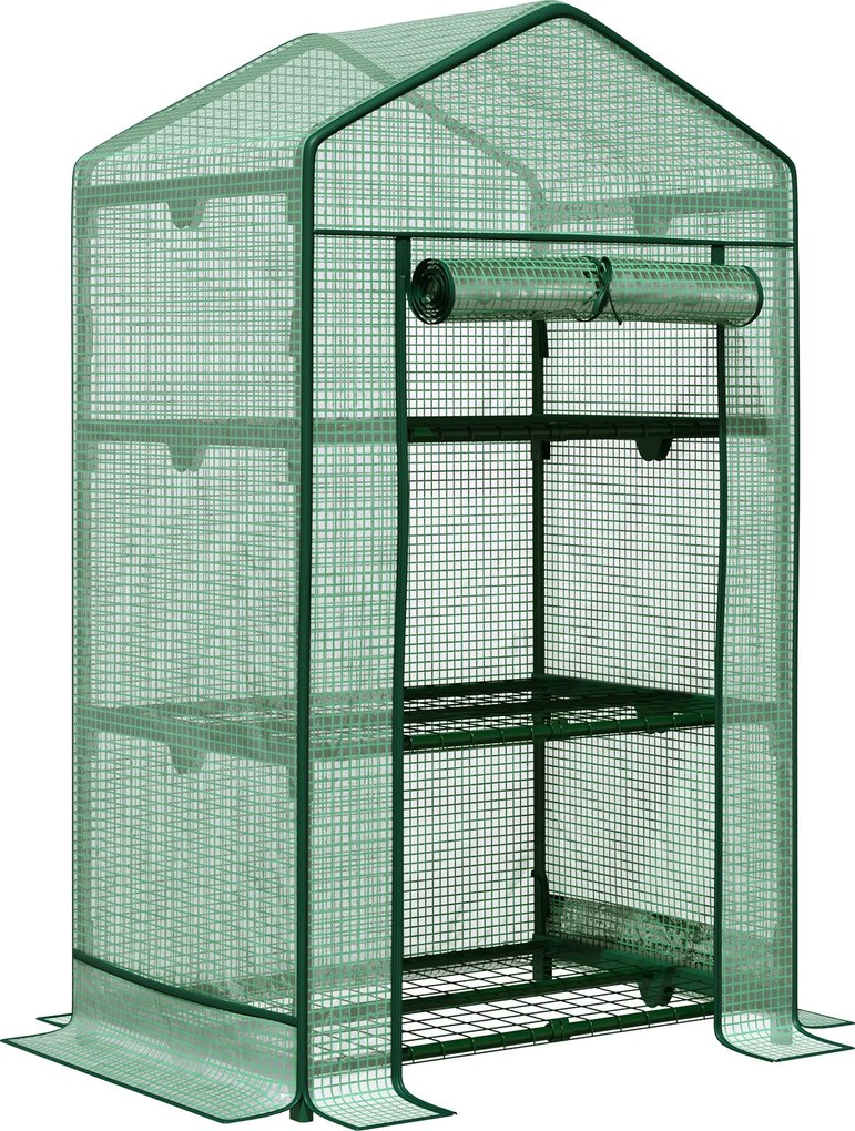 Outsunny Mini Szklarnia Foliowa z 3 Półkami i Drzwiami Zwijanymi Rabatka Warzywna Praktyczna 69x49x125cm Zielony | Aosom PL