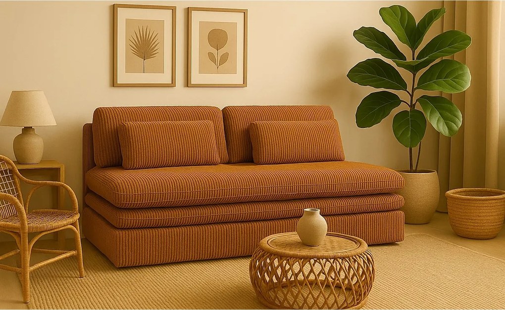 Sofa z funkcją spania i pojemnikiem OLIA, tkanina Poso, Musztardowy