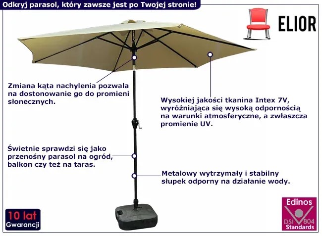 Beżowy parasol ogrodowy z regulacją kąta nachylenia - Ancor