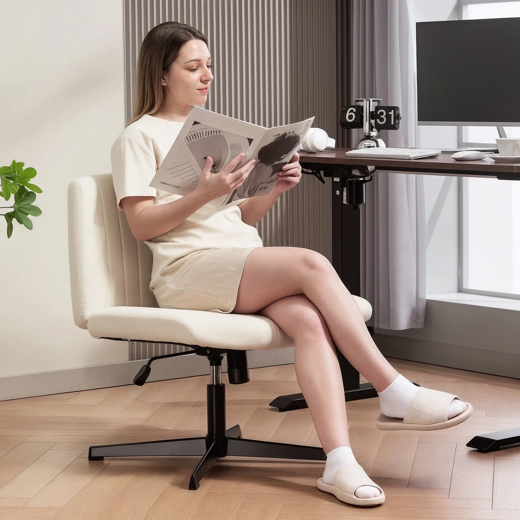 HOMCOM Fotel do pracy w domu, regulowany fotel obrotowy z materiałem imitującym len, fotel do siedzenia z założonymi nogami, do 120 kg, kremowy | Aosom PL