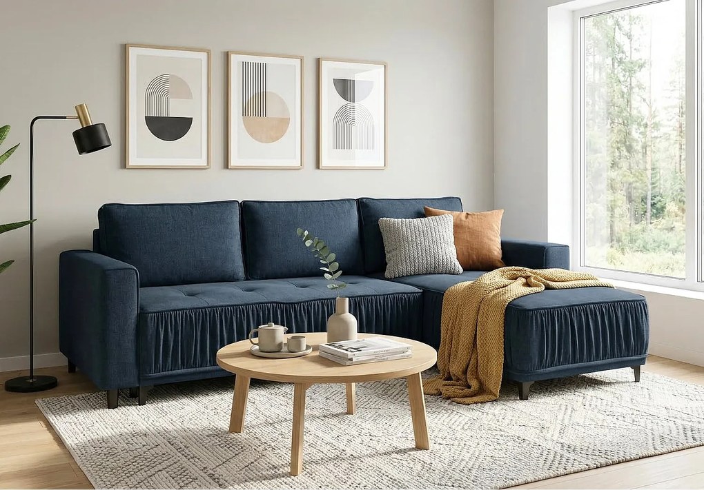 Elegancki narożnik prawostronny rozkładany VIKI 238x143cm, w tkaninie MONOLITH  76 niebieskiej