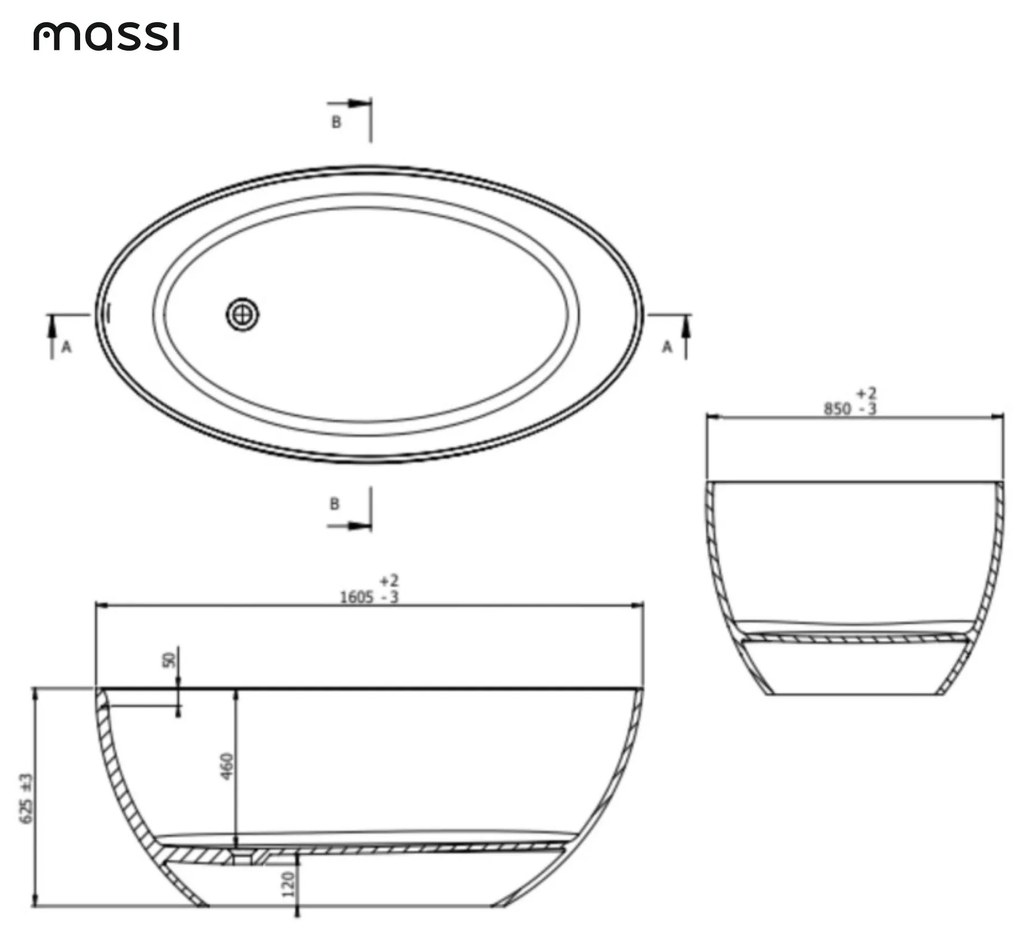 Wanna wolnostojąca owalna biała matowa z konglomeratu 160 x 85 cm KALMI MATT z przelewem typu SLIM cienki rant