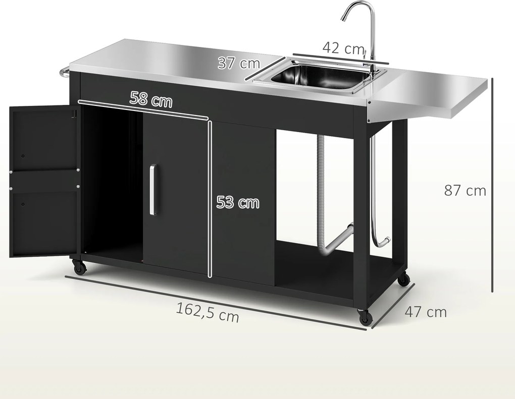 Outsunny Wózek Grillowy z Blatem Roboczym, Składaną Półką, Szafką, Zlewem i Kołami, Stal 162,5x47x87cm Czarny