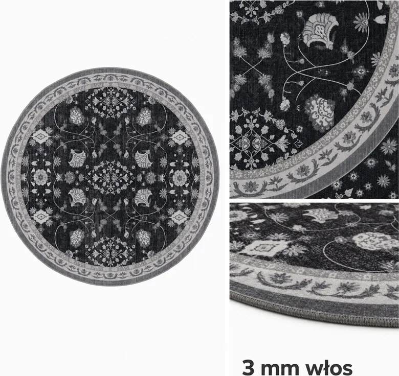 Dywan vintage INKA Floral z Efektem Postarzenia Czarno-Szary koło 200 cm x 200 cm