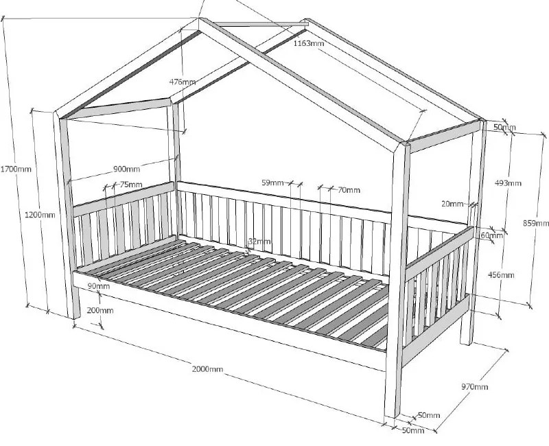 Antracytowe łóżko dziecięce w kształcie domku z litego drewna sosnowego 90x200 cm DALLAS – Vipack