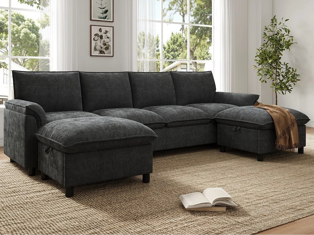 Modułowa sofa w kształcie litery U w stylu cloud - z 2 ruchomymi podnóżkami - z miejscem do przechowywania - tkanina szenilowa - Szara