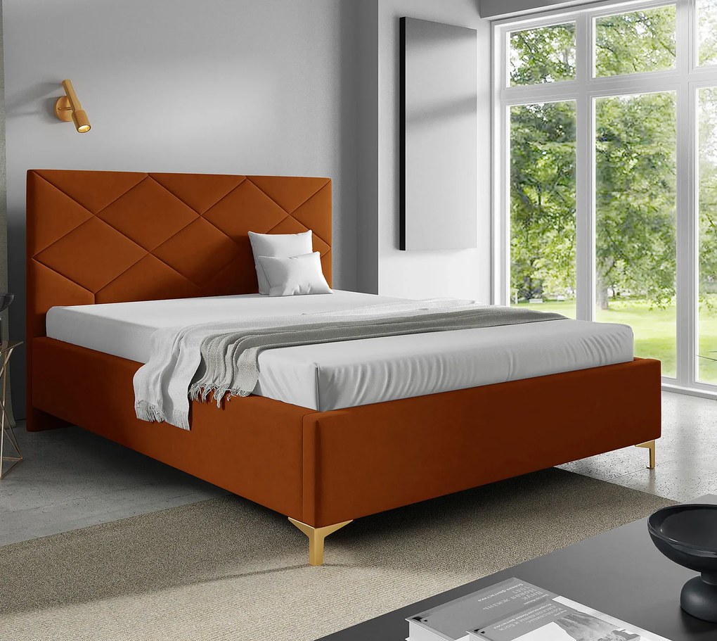 Pomarańczowe łóżko tapicerowane z zagłówkiem 4 rozmiary E6-M52