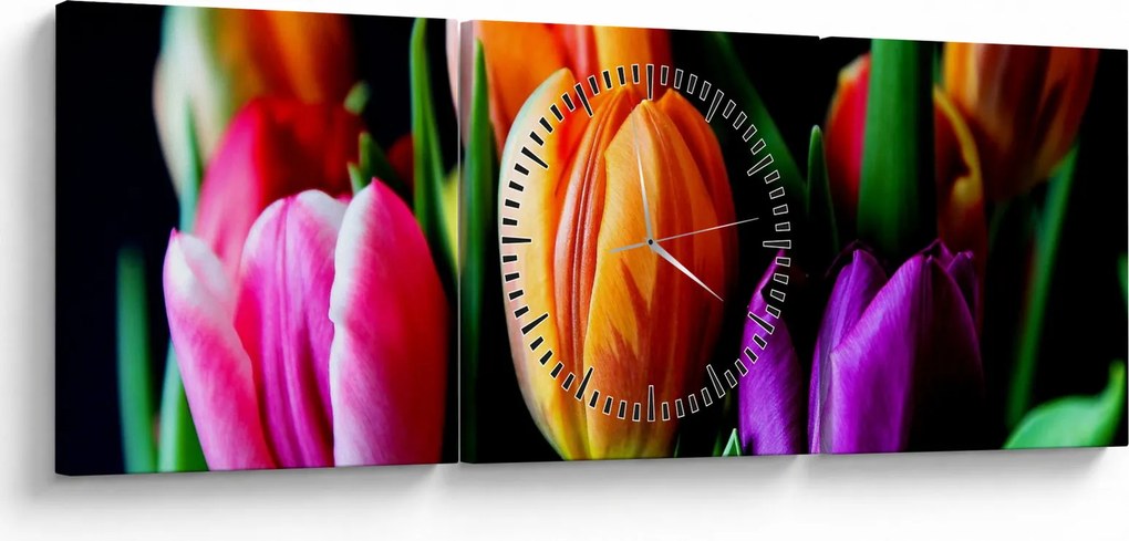 Obraz tulipanów na czarnym tle (z zegarem) (90x30 cm)