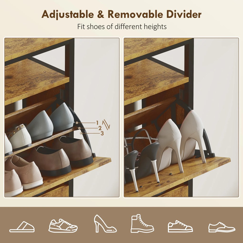 HOMCOM Szafka na buty z 4 składanymi szufladami, smukły design, otwarta półka, dla 12-20 par butów, stal, brązowy