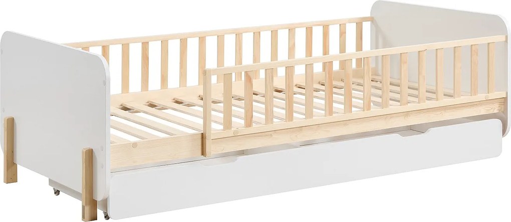 Łóżko 90 x 190 cm z szufladą - Sosna i MDF - Kolor: Naturalny i biały + Materac - LADEMI