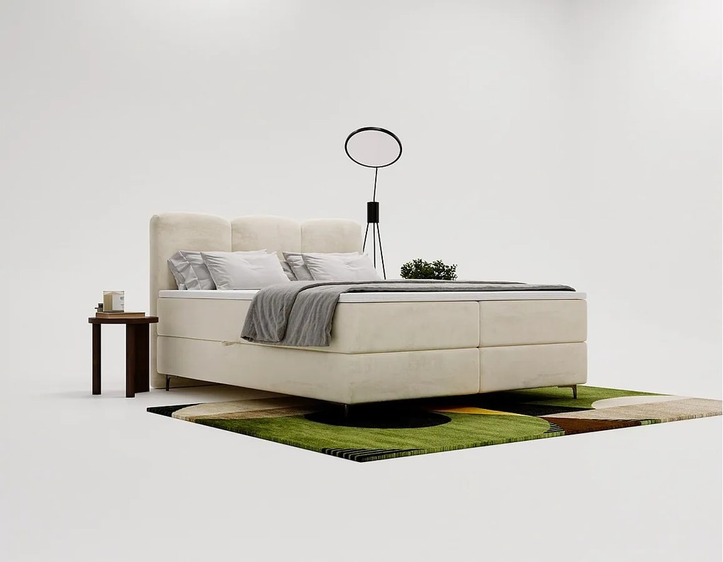 Emporius Malaga Box łóżko kontynentalne z topperem 140x200 - łóżko z dwoma pojemnikami i materacem H3, tkanina aksamitna, beżowy (Magic Velvet 2201)