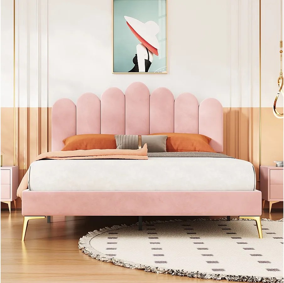 Łóżko tapicerowane 140 x 200 cm z wezgłowiem - Aksamit - Nogi metalowe - Stelaż listwowy - Różowy
