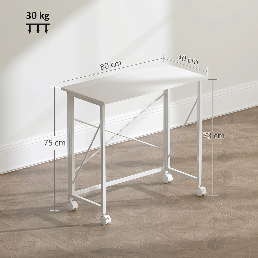 HOMCOM Biurko z Kółkami Składane Biurko ze Stalową Ramą do Biura, Sypialni, 80 x 40 x 75 cm Białe | Aosom PL