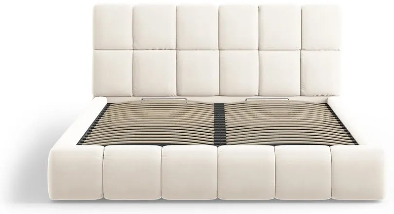 Kremowe aksamitne tapicerowane łóżko dwuosobowe ze schowkiem i stelażem 200x200 cm Bellis – Micadoni