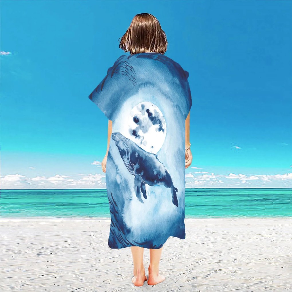 Ponczo plażowe WHALES niebieskie 80x145 cm