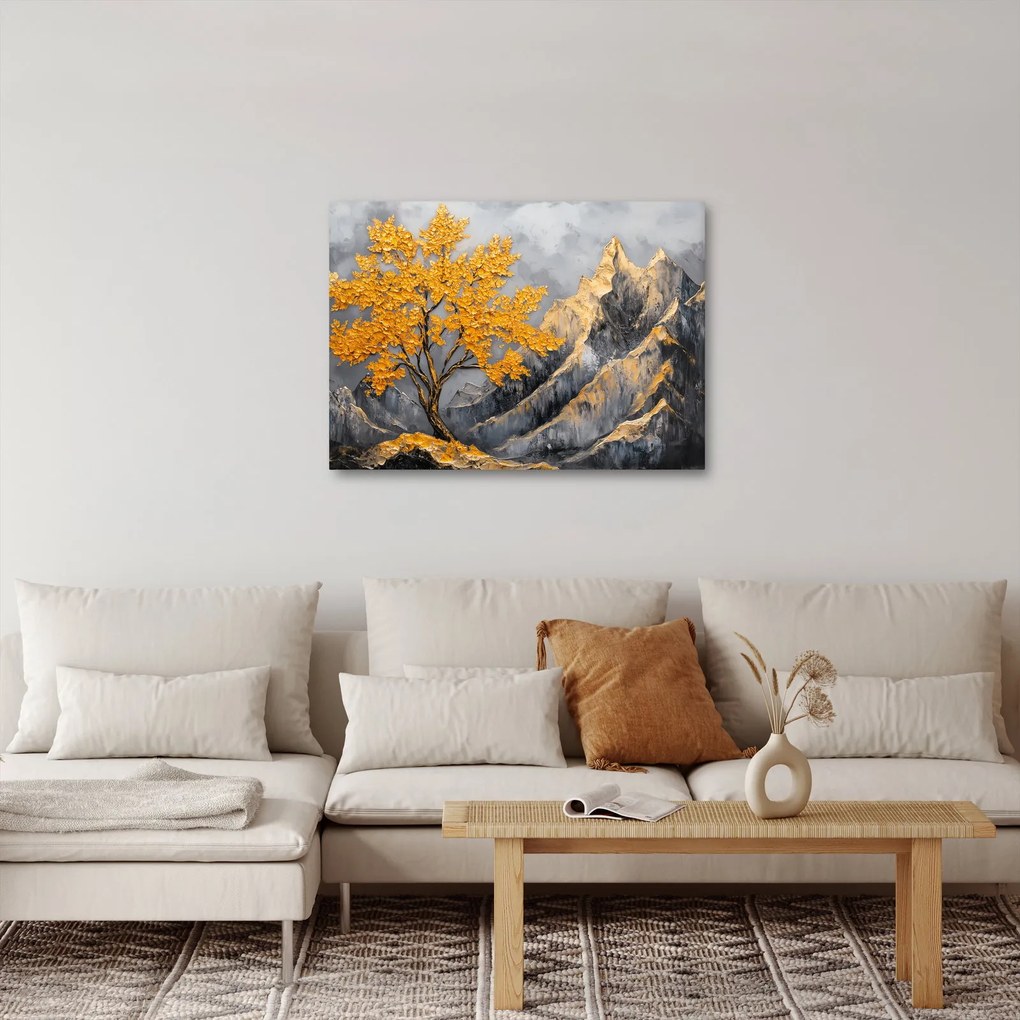 Obraz – Złote drzewo w górach (70x50 cm)