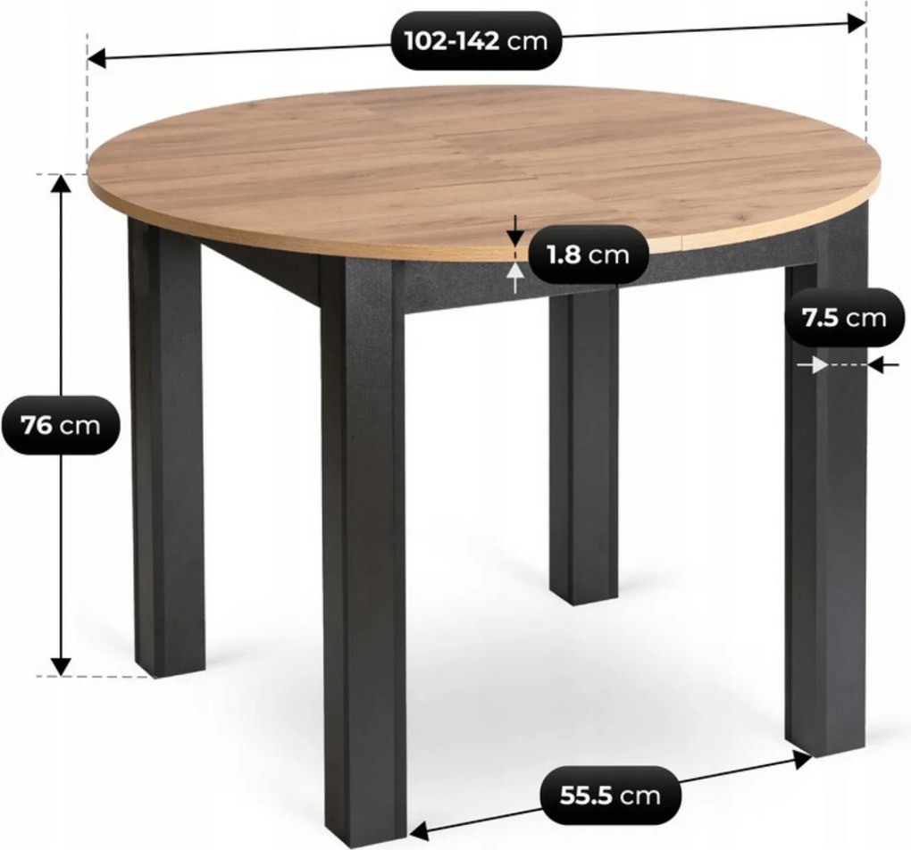 Zestaw Stół Okrągły Rozkładany HARRY 102-142 cm Dąb Craft/Czarny i 4 Krzesła Tapicerowane PERU Beżowe Welurowe Nowoczesne