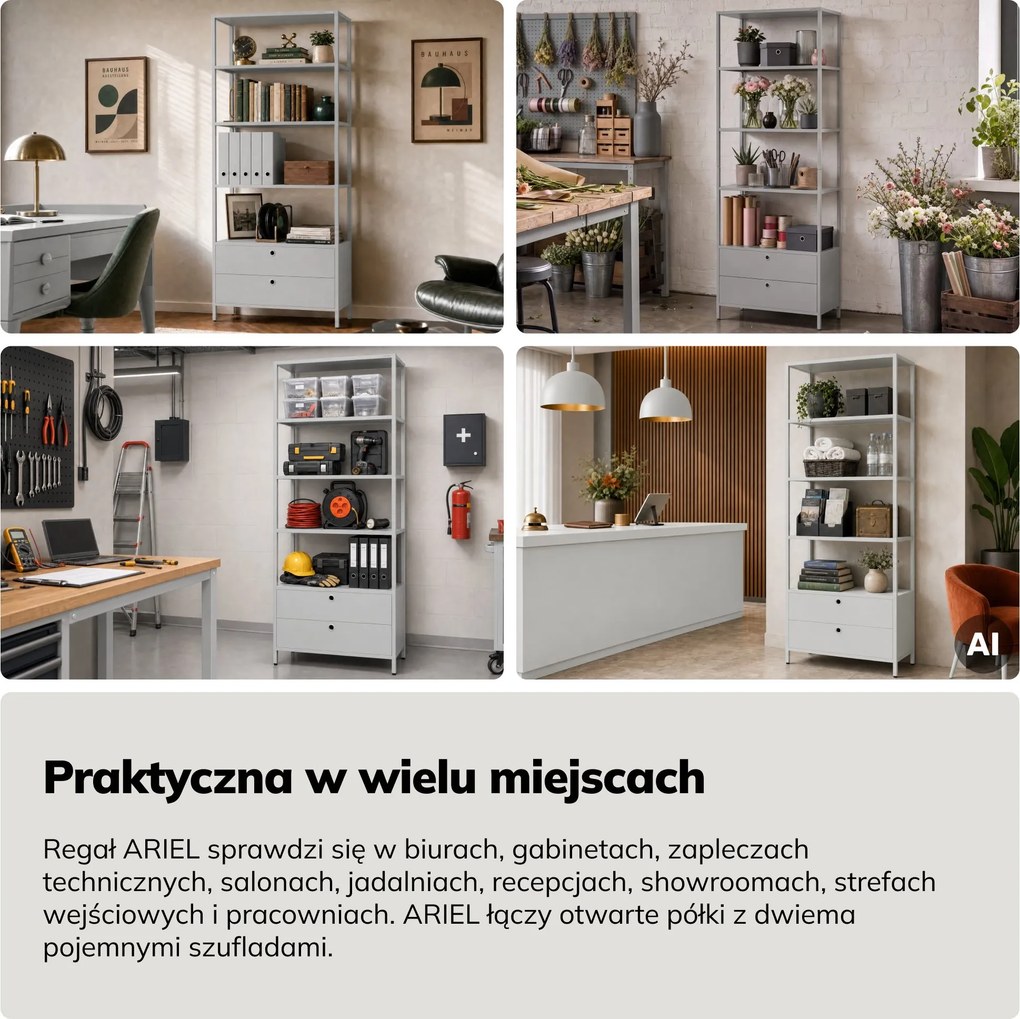Regał z szufladami do biura, na segregatory i dokumenty, otwarte półki, metalowy, szary, 800x2200x400 mm: ARIEL