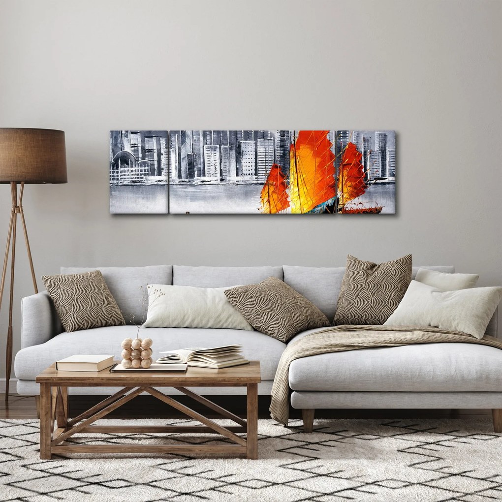 Obraz - Victoria Harbor, Hongkong, czarno-biały obraz olejny (170x50 cm)
