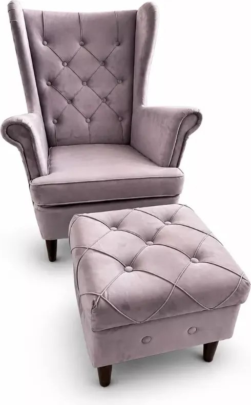 (Wyprzedaż) Fotel Uszak z podnóżkiem Magic Velvet 2248 glamour welur do salonu