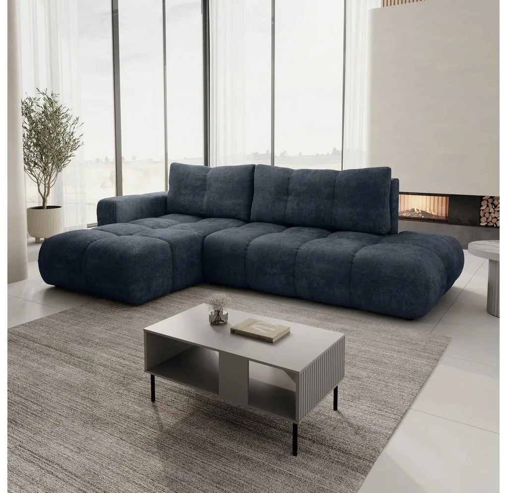 Rozkładany narożnik tapicerowany ALMADA w kształcie L, lewy, niebieski, z pojemnikiem na pościel