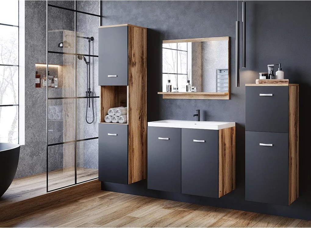 MINIO go for it, Meble łazienkowe MALAGA w kolorze dąb wotan/czarny grafit